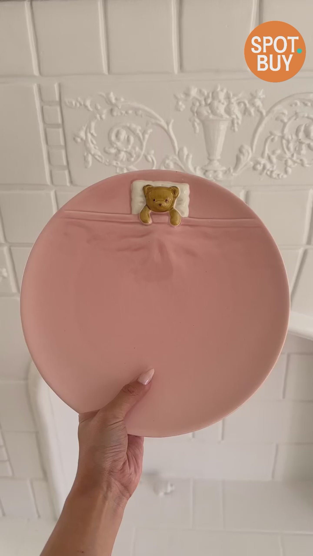 Pink Ceramic Plate in "Bear Under Blanket" Design